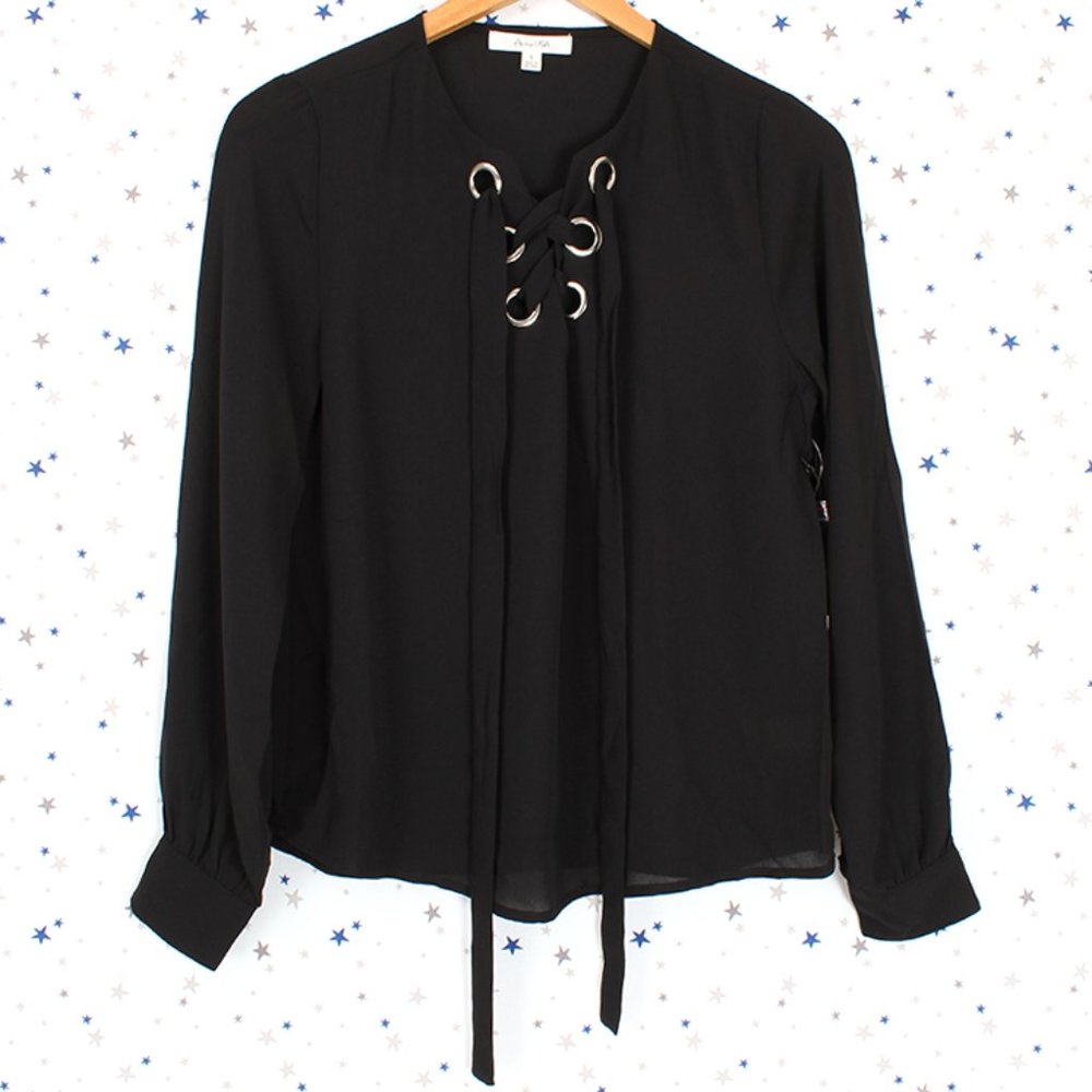 Lace Up Chiffon Blouse Top Black